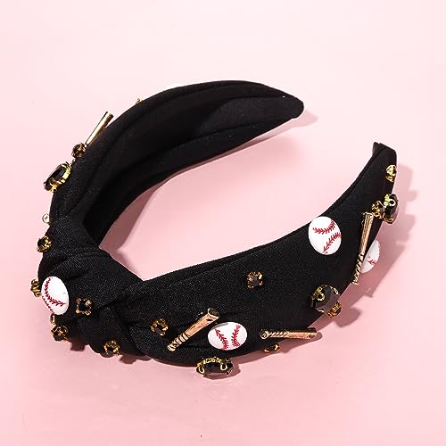 Baseball Knotted Headband for Women Sparkle Crystal Baseball Charm Headband Game Day Top Knot Hairband Baseball Mom Accessories Gift for Sports Fans