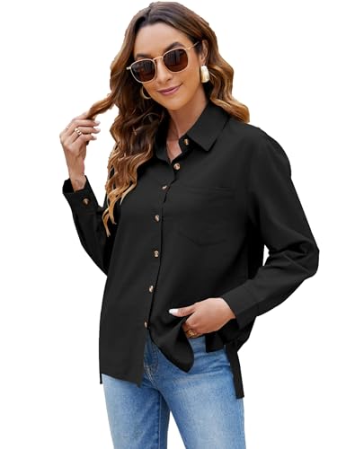 Zontroldy Button Down Long Sleeve Shirts for Women Cotton Linen Casual Dress Work Shirt Tops Blouse(0725-Black-S)