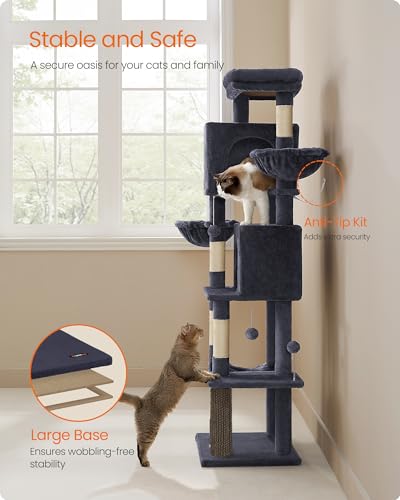 Feandrea Cat Tree, 69-Inch Tall Cat Tower for Indoor Cats, Multi-Level Cat Condo with 2 Caves, 2 Baskets, 5 Scratching Posts, Self-Groomer, Perch, Hammock, Dark Gray UPCT182G02