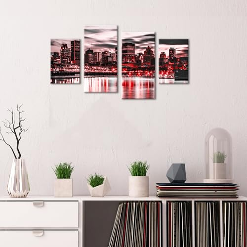 Boston Cityscape Red and Black Wall Art USA Pictures Canvas Print for Living Room Boston Night Scene Poster Office Paninting City Skyscraper Panoramic Wall Decor Modern Artwork Bedroom Home Decoration