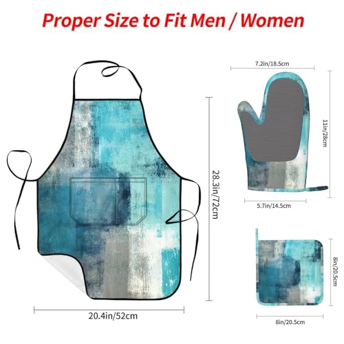 BOKEKANG Modern Art Abstract Gery Turquoise Oven Mitts and Pot Holders With Apron Set of 5 Silicone Teal Kitchen Mitten Gloves and Non-Slip Teal Potholders Cooking Apron Set Heat Resistant for Kitchen