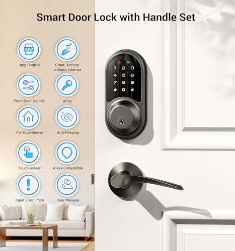 Veise Smart Locks for Front Door, 2 Lever Handle Set, Keyless Entry Deadbolt, App Control, Electronic Digital Touchscreen Keypad, Auto Lock, IP54 Waterproof, Easy Installation, Matte Black