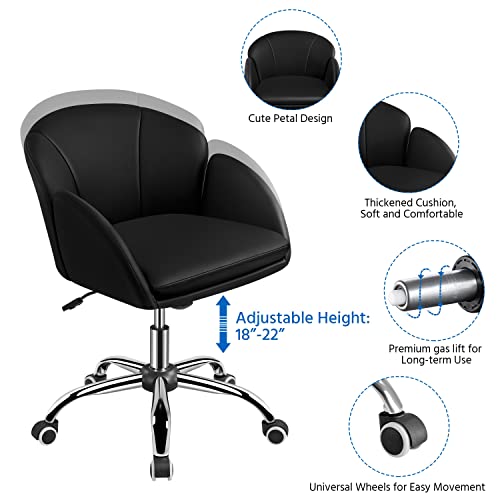Yaheetech Cute Petal Desk Chair Home Office Swivel Upholstered Leather Makeup Vanity Desk Chair with Armrests for Bedroom Modern Computer Rolling Chair for Women Black