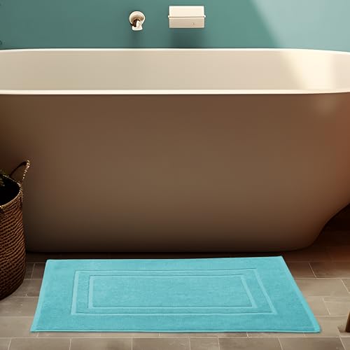 Feather & Stitch 2 Piece Towel Like Bath Mats (30x21 Inch) 100% Cotton Terry Mat, Non-Slip Hotel, Spa, Shower Floor Mats [NOT A Bathroom Rug], Soft Absorbent Washable Mats - Sky Blue