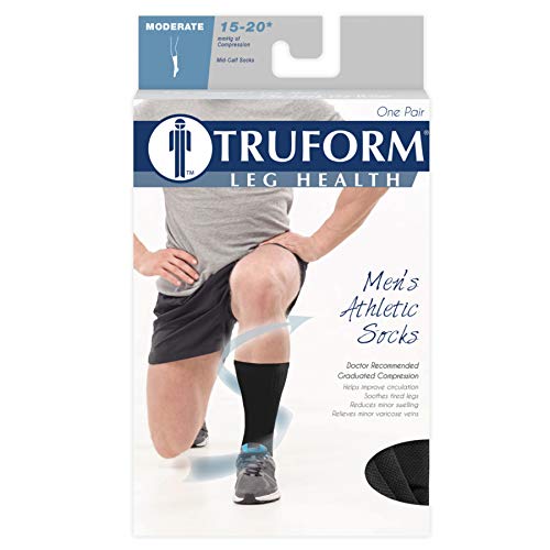 Truform Compression Socks, 15-20 mmHg, Men's Crew Length Mid-Calf Cushion Foot Socks, Black, Small