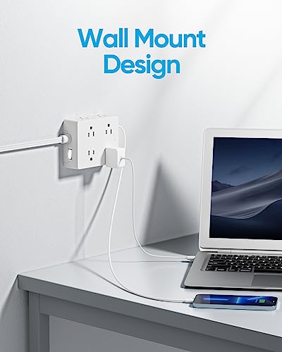 Surge Protector Power Strip, Olcorife Ultra Thin Flat Plug Extension Cord 5ft, 8 Outlets 4 USB Ports(1 USB C), Flat Wall Plug Outlet Extender, College Dorm Room Essentials, White