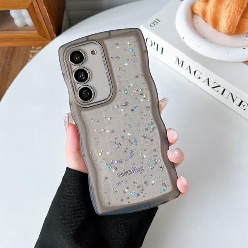 Qokey for Galaxy S21 Case 6.2", Curly Wavy Anti-Slip Grip Design Transparent Bling Glitter Star Shiny Case Cute Clear Sparkly Bumper Protection Soft Phone Cover Case for Women Girls, Black