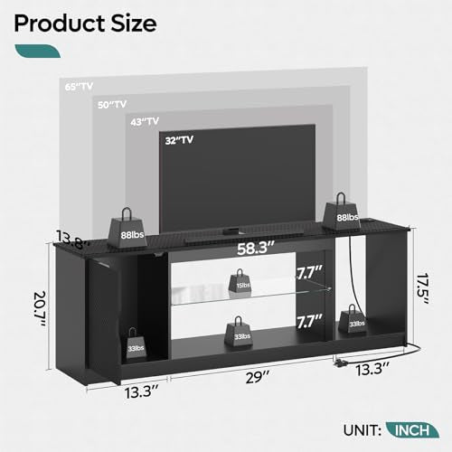 Bestier LED TV Stand with Power Outlets for 55/60/65 Inch TV, Gaming Entertainment Center with Cabinet for PS5, Modern TV Cabinet with Adjustable Glass Shelves for Living Room, Bedroom 58 Inch,Black