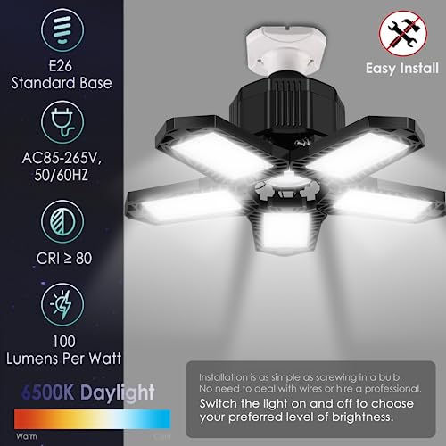 BRAINIAC LED Garage Light Bulbs, 100W 10000LM Garage Lighting with 5 Adjustable Panels, E26/E27 Garage led Lights Screw in Deformable Garage Led Ceiling Light Fixture for Warehouse, Corridor, Stadium