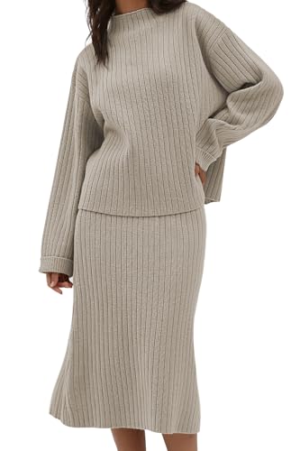CHYRII Womens Fashion Two Piece Outfits Mock Neck Oversized Sweater Tops Skirt Sets Sweater Dress Lounge Sets Beige XS