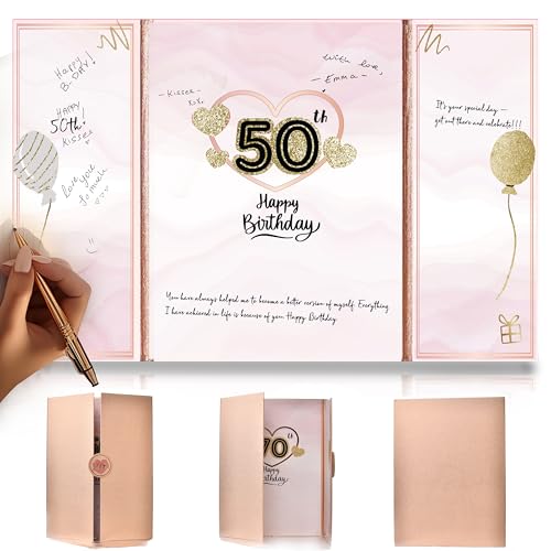 DOUBLESHOOT 50th Birthday Guest Book Rose Gold Party Decorations for Women 12"x18" - 50 Years Guest Book Sign in Poster Card - Fifty Party Keepsake, Gift, Signature Board - Pen Not Included