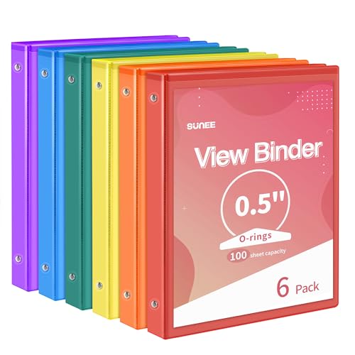 SUNEE 3 Ring Binder 1/2 Inch 6 Pack, Clear View Binder Three Ring PVC-Free (Fit 8.5x11 Inches) for School Binder or Office Binder Supplies, Classic 6 Colors