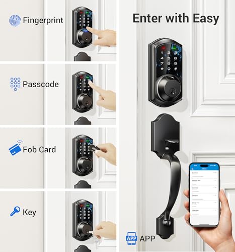 Veise Fingerprint Smart Locks for Front Door with Handle Set, App Control, Keyless Entry Keypad Deadbolt, Digital Electronic Touchscreen, Easy Install, Auto Lock, Matte Black