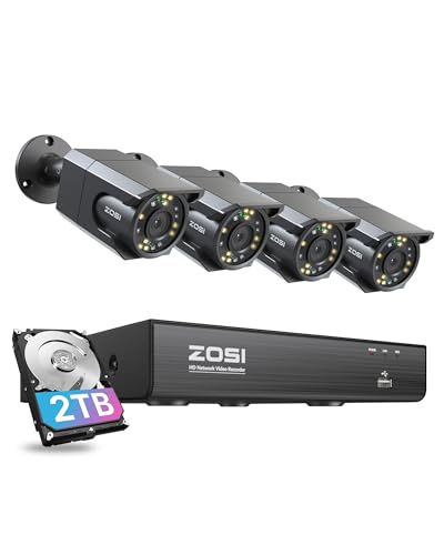 ZOSI 4K 8MP PoE Security Camera System with Audio, 8CH H.265+ NVR, 2TB HDD for 24/7 Recording, 4 x 4K PoE IP Cameras Outdoor Indoor, Starlight Color Night Vision, Human Detection, Smart Light Alarm