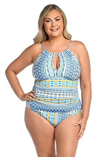 La Blanca Women's High Neck Keyhole Tankini Swimsuit Top, Ice Blue//Scarf City, 22