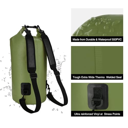 Piscifun Dry Bag, Waterproof Floating Backpack 5L with Waterproof Phone Case for Boating, Kayaking, Fishing, Army Green 5L