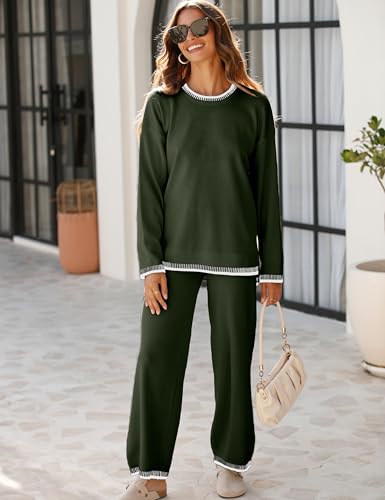 Tanming Women's Sweater Sets 2 Piece Outfits Knitted Pullover Jumper and Wide Leg Pants Tracksuit(ArmyGreen-XS)