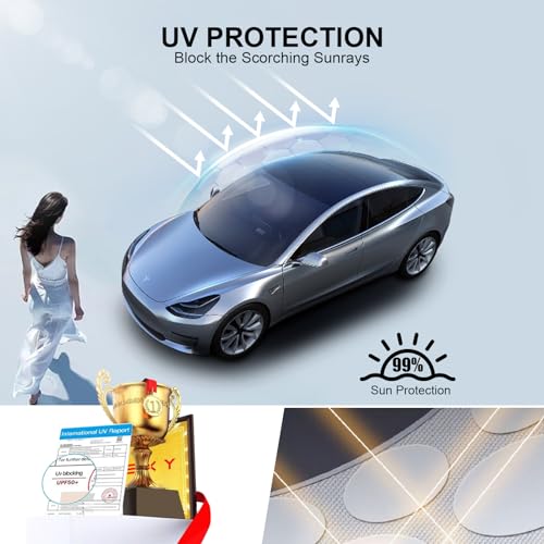 2024 New Version Tesla Model 3 Sunshade Windshield Accessories【OEM Fit, Sun Blockage】 Heat Insulation Keep Cooling Foldable Light-Tight Front Window Sunshade for Model 3 with Reinforced Velcro Strap