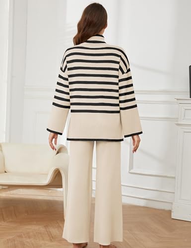 Tanming Women's Sweater Sets Long Sleeve Striped Jumper Tops Casual Knit Wide Leg Pants Sets (Beige-S)