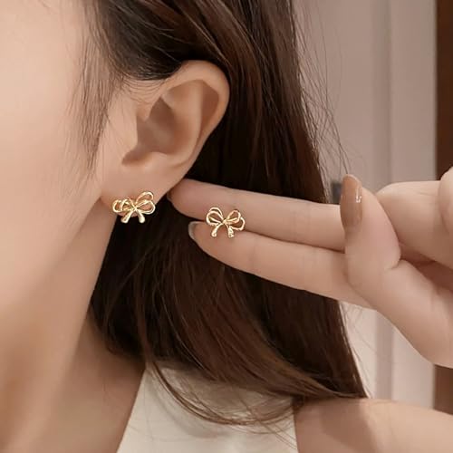 S925 Bow Earrings for Women Trendy, Small Cute Statement Ribbon Stud Earrings for Women Gold