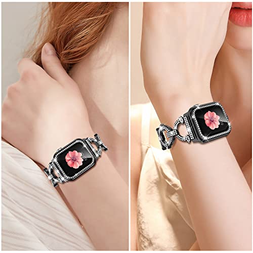Mesime Compatible with Apple Watch Band 38mm 40mm 41mm 42mm 44mm 45mm , Women Girl Bling Diamond Jewelry Metal Strap Bands with Crystal Tempered Glass Screen Protector Case, Round Shiny Bracelet