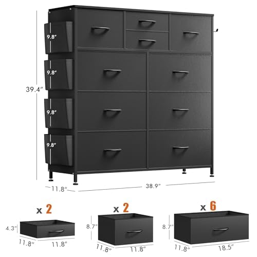 Black Dresser for Bedroom, Bedroom Dresser & Chests of Drawer, Fabric Dressers 10 Drawers, Black Dresser for Closet w/Side Pockets, Hooks, Clothes Dresser Storage for Hallway, Entryway, Kids Room