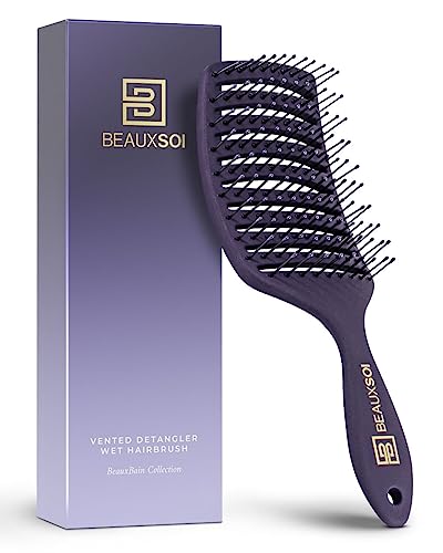 BEAUXSOI Vented Hair Brush Detangler | Hair Detangling Shower Brush | Curved Vent Brush for Blow Drying| Wide Frame Detangling Brush for Thick Coiley or Straight Hair (Empowered Purple)