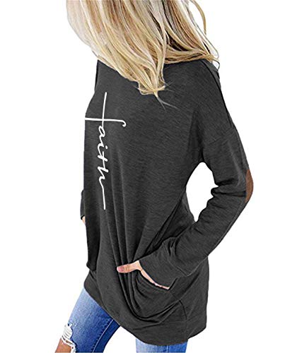 ZILIN Women's Faux Suede Elbow Patch T-Shirt Long Sleeve Letter Print Tunic Shirts Tops (Blue, M)