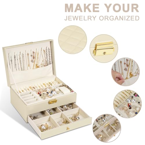 GUOER Jewelry Box for Women Girl Wife - Large PU Leather Jewelry Organizer Storage Case with Two Layers Display for Earrings Bracelets Rings Watches (Apricot)