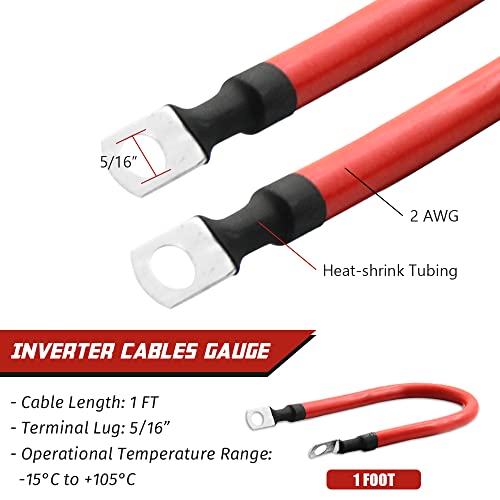 2 AWG Battery Cable 2AWG Gauge Pure Copper Battery Inverter Cables with 5/16 in Lugs Both Ends Power Inverter Wire Set for Automotive Solar Marine Boat RV Car Motorcycle Red and Black (1FT)