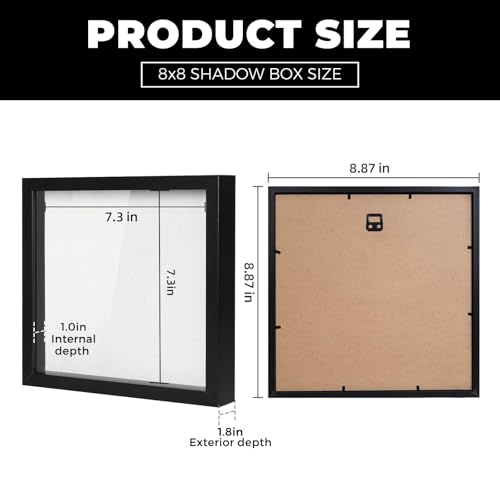 Muzilife Shadow Box Picture Frame with Linen Board Deep Wood Glass Display Case Ready to Hang Memory Box Baby Sports Memorabilia, Pins, Awards, Medals, Wedding, Tickets and Photos (Black, 2pcs 8X8)