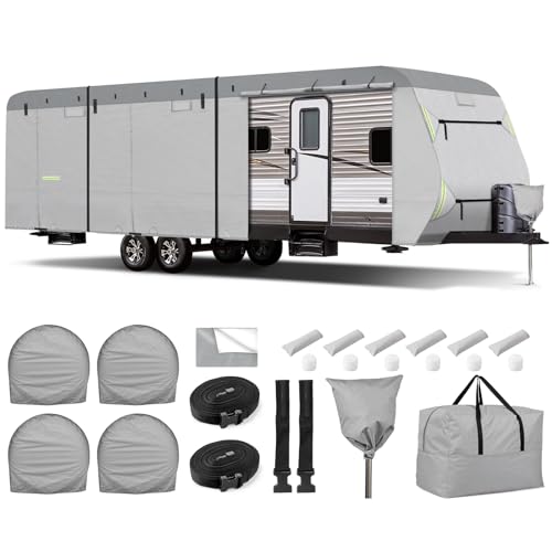 GOTRUTH Upgraded Travel Trailer Cover, Extra-Thick 800D Top Waterproof RV Cover Fits 26'1''- 28'6'', Windproof Camper Cover with Tongue Jack Cover, Tire Covers, Gutter Covers, Zippered Doors