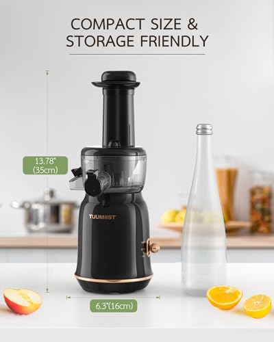 TUUMIIST Juicer Machines, Cold Press Juicer for Vegetable and Fruit with Upgraded Slow Juicing Technology, Powerful Motor and Reverse Function, Compact Size for Space-Saving Juicer, Black Gold