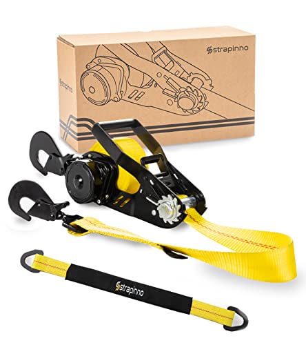 Strapinno Retractable Ratchet Tie-Down Strap, 2in x 15ft Heavy-Duty with Snap Hooks,10,000lbs Breaking Strength & 3,333lbs Working Load Limit, Comes with a 36-Inch Axle Strap (Direct Hook 1PC)