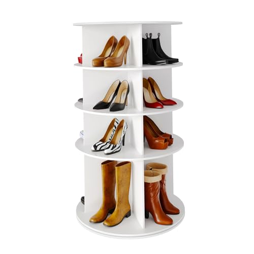 SpaceAid Rotating Shoe Rack 4 Tier Organizer, High Bottom Design Shoe Tower Spinning Storage Lazy Susan, Revolving Rack 360, Closet Handbag Display Rotate Organizers (White)