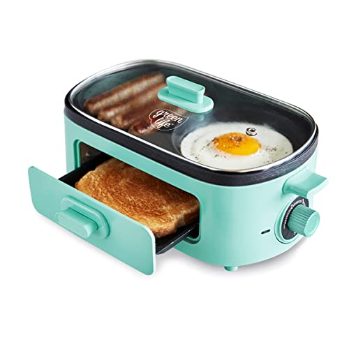 GreenLife 3-in-1 Breakfast Station, Ceramic Nonstick PFAS-Free Dual Griddles for Eggs Meat Pancakes & Sandwiches + 2-Slice Toast Drawer, Healthy Cooking, Timer, Versatile Morning Meal Maker, Turquoise