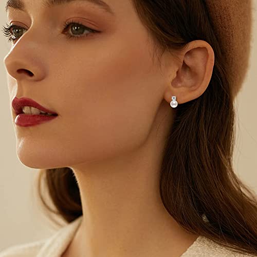 DENGGUANG Pearl Stud Earrings June Birthstone Freshwater Cultured 6.5mm Small White Pearl Drop Silver Earrings with Cubic Zirconia Jewelry Gifts for Women