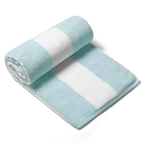 CLOWOOD Plush Oversized Beach Towel - Cotton 40 x 72 Inch Large Thick Aqua Striped Cabana Pool Swimming Towel