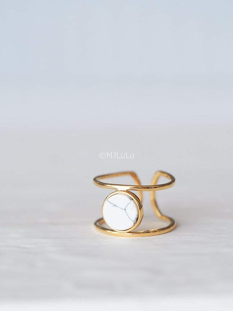 Coin White Simulated Howlite Geometric Stone Double Line Simple Ring