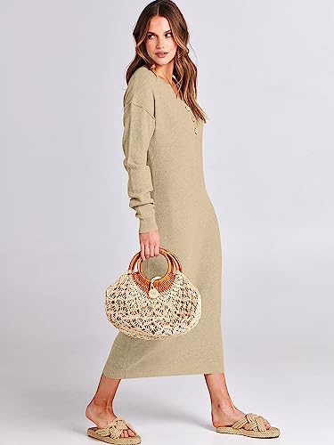 ANRABESS Women Long Sleeve Button V Neck Oversized Casual Loose Fit Waffle Knit Fall Midi Sweater Dress 2024 Trendy Outfits Green Large