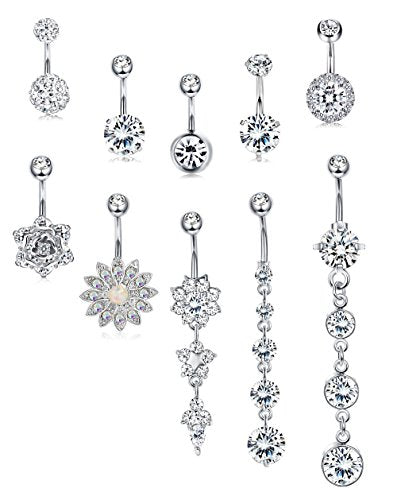 JOERICA 3Pcs 14G 316L Stainless Steel Belly Button Rings for Women Flower CZ Dangle Belly Button Rings Navel Piercing Jewelry