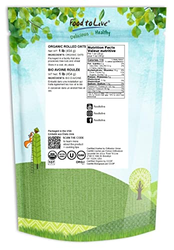 Food to Live Organic Rolled Oats, 1 Pound – Old-Fashioned, 100% Whole Grain, Non-GMO, Raw, Kosher, Bulk Oats. Perfect for Morning Oatmeal and Overnight Oats