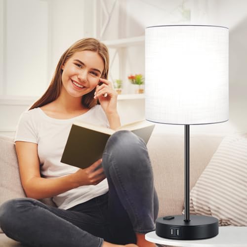 Lynnoland 𝟮𝟬𝟮𝟯 𝗡𝗘𝗪 Set of 2 Touch Control Table Lamps with 2 USB & AC Outlet, 3-Way Dimmable Bedside Nightstand Lamps for Bedroom Living Room Nursery, 800 Lumens 5000K Daylight Bulbs Included