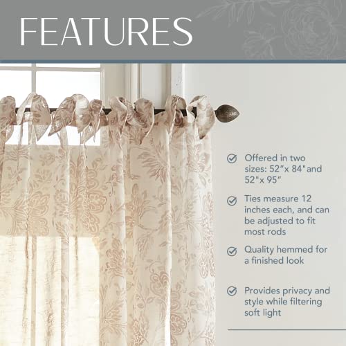 Elrene Home Fashions Westport Floral Tie-Top Sheer Window Curtain Panel, 52" x 84" (1), Flax