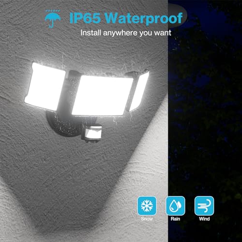 Olafus 65W Motion Sensor Outdoor Lights, 6000lm Adjustable 3-Head LED Flood Lights Outdoor with Motion Detection, IP65 Waterproof Security Lights for Driveway, Garage, Porch, Yard Black