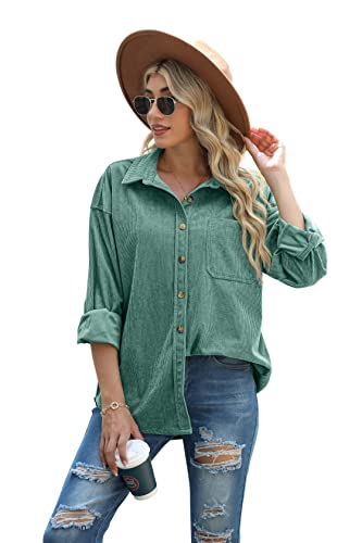QIXING Womens 2024 Corduroy Button Down Shirt Casual Oversized Long Sleeve Blouses Tops Green-M