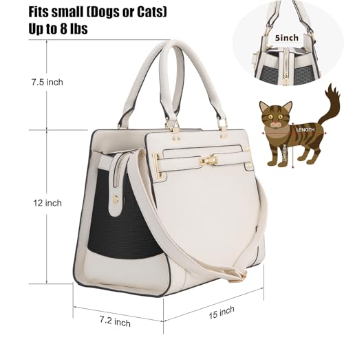 Fashion Pet Carrier Dog Cat Carrier Purse Soft-Sided Leather Handbag Pet Tote Bag for Small Dogs Puppy and Cats TSA Airline Approved (Beige)