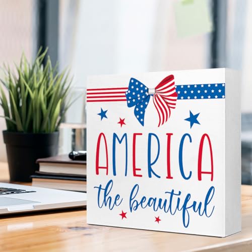 4th of July Independence Day Wood Decor,America the Beautiful Wood Block Sign for Home Bedroom Office Desk Cubicle Decor,July 4th Independence Day Memorial Day Patriotic Decorations