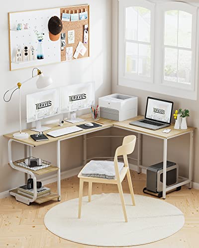 Teraves Reversible L Shaped Desk with Large Surface, 61 Inch Sturdy Corner Desk with Storage Shelves, Premium Office Computer Desk Workstation for Home Office Gaming