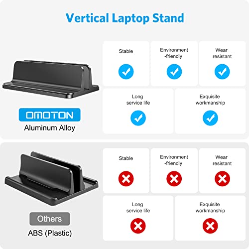 OMOTON Vertical Laptop Desktop Stand Holder with Adjustable Dock Size, Aluminum , Fits All MacBook, Surface, Chromebook and Gaming Laptops (Up to 17.3 inches), Black